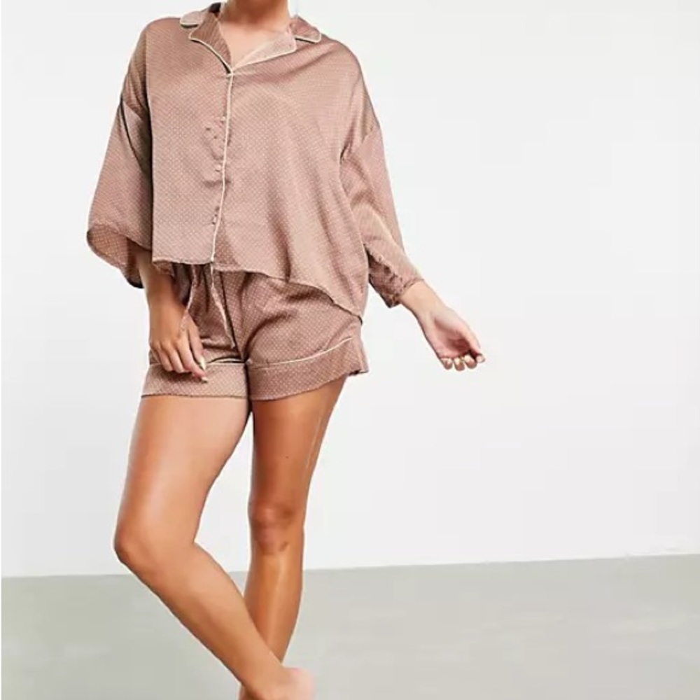ASOS Curve Brown Dot Pajama Set Shorts Button Down Top